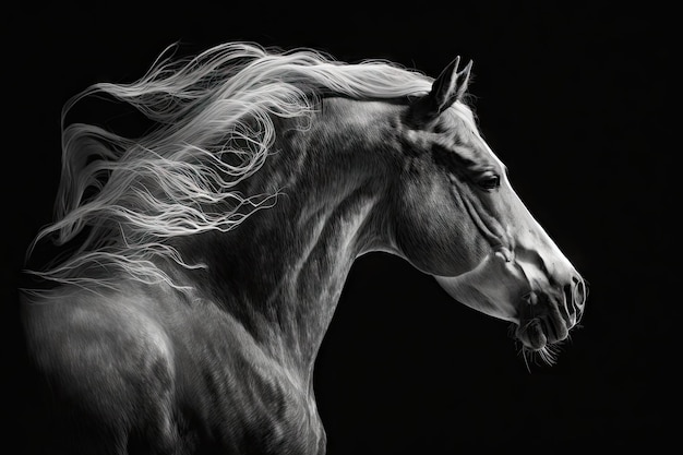 Black white photo of dancing horse in profile on dark background