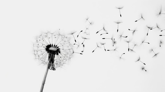 black and white photo of a dandelion with seeds blowing in the wind
