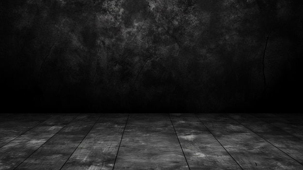 A black and white photo of a dark room with a wooden floor generative ai