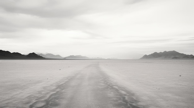 A black and white photo of a desert with mountains in the background ai