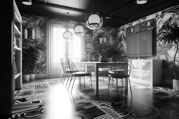 A black and white photo of a dining room with a table and chairs.