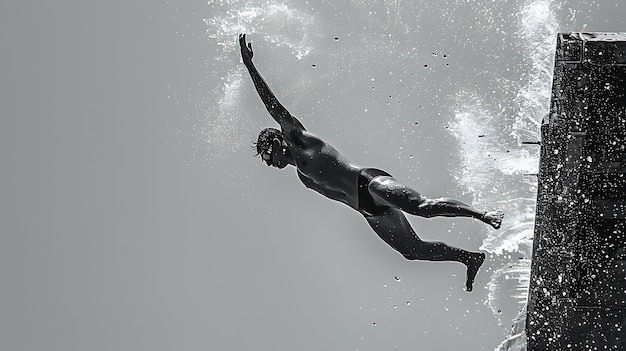 Photo black and white photo of a diver jumping off a pier into the water