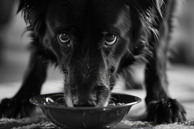 A black and white photo of a dog eating out of a bowl