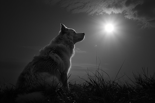 A black and white photo of a dog looking up at the moon