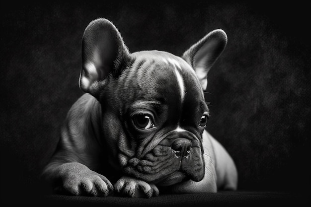 a black and white photo of a dog with a black background.