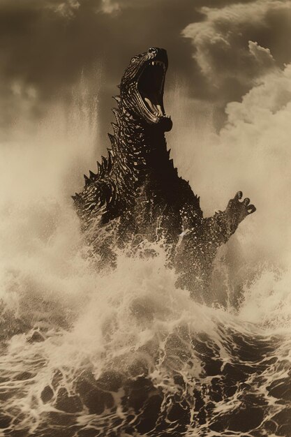 a black and white photo of a dragon in the water