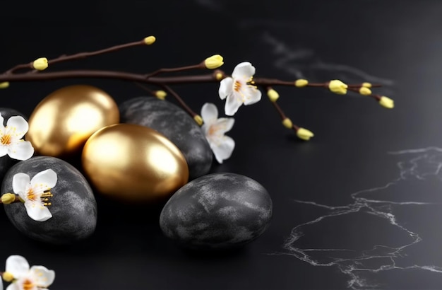 A black and white photo of eggs and flowers