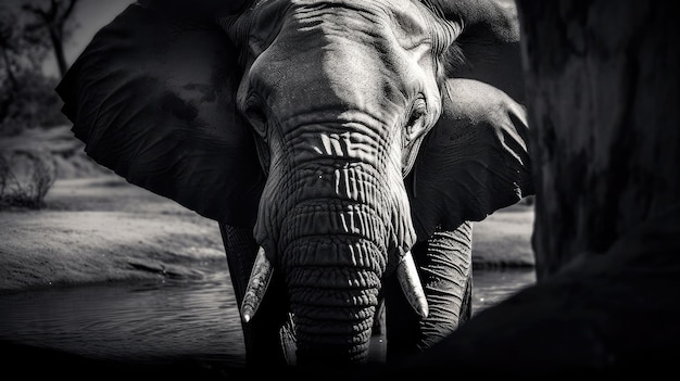 A black and white photo of an elephant with the word elephant on it