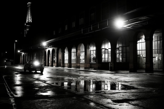 Photo a black and white photo of an empty street at night