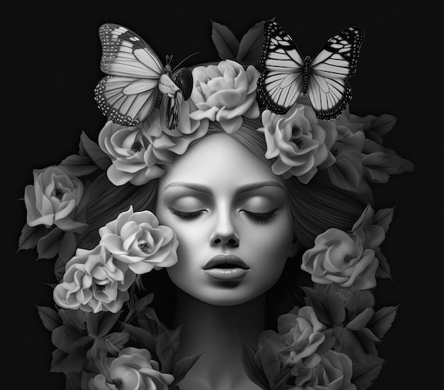 Черно-белая фотография лица, окруженного цветами и бабочкой