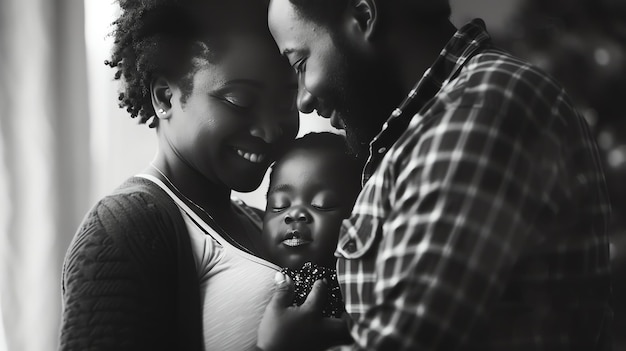 Photo a black and white photo of a family a mother father and their baby the baby is sleeping in the arms of the mother