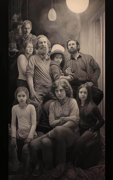 a black and white photo of a family with a man and a woman in a hat