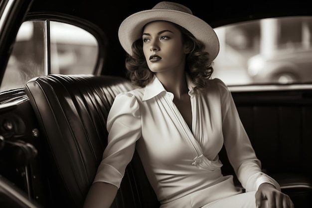 Foto foto in bianco e nero con una signora francese dentro un'auto ai generativa