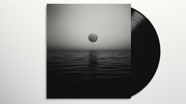 Photo a black and white photo featuring a moon reflecting on an ocean, reminiscent of album covers. this hyperrealistic composition showcases the vintage minimalism style with dark, foreboding colors. the i