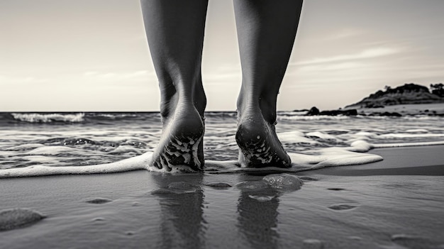 Black and white photo of feet on the beach Generative AI