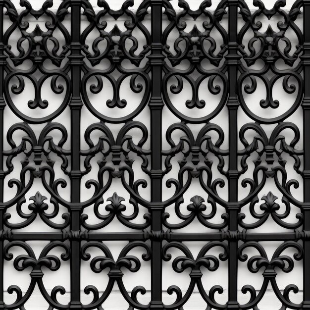 a black and white photo of a fence with a black iron fence