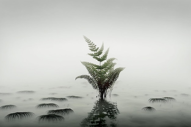 A black and white photo of a fern plant in the water