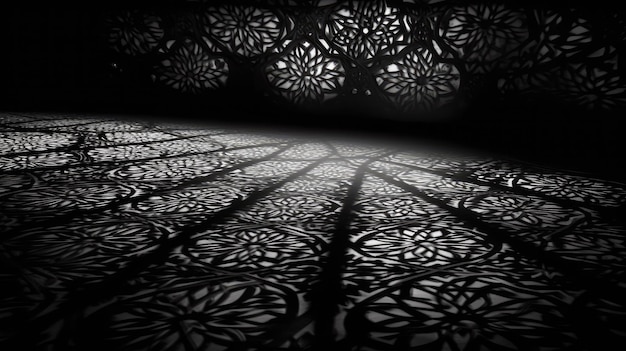 A black and white photo of a floor with a pattern of light and shadows.