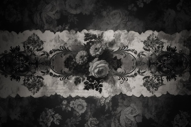 Foto una foto in bianco e nero di un bordo floreale con rose su di esso.