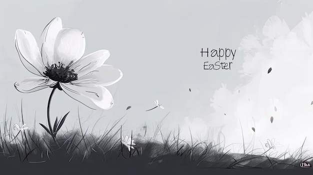 幸せなイースターのメッセージを持つ花の黒と白の写真