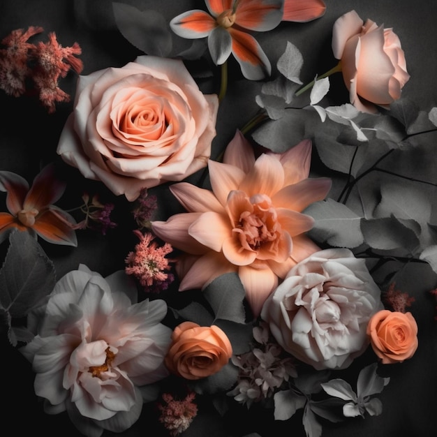 A black and white photo of flowers and leaves