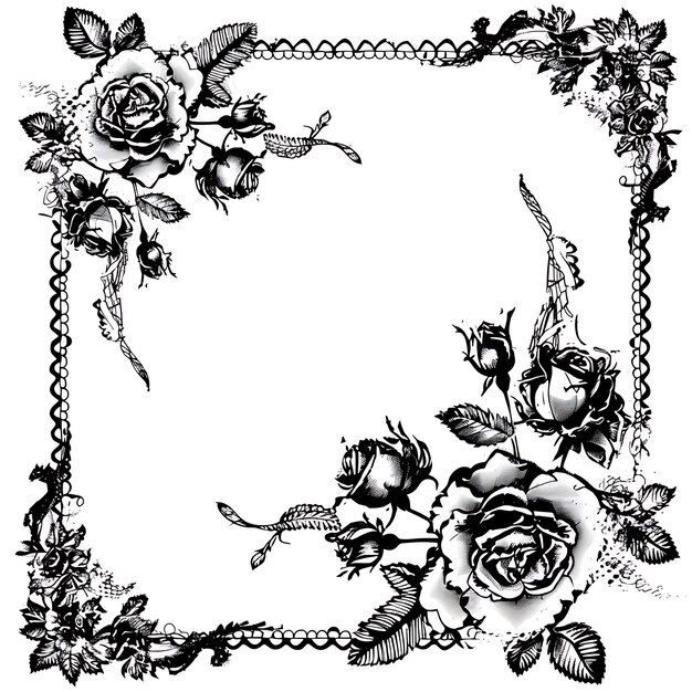 a black and white photo of a frame with roses and leaves