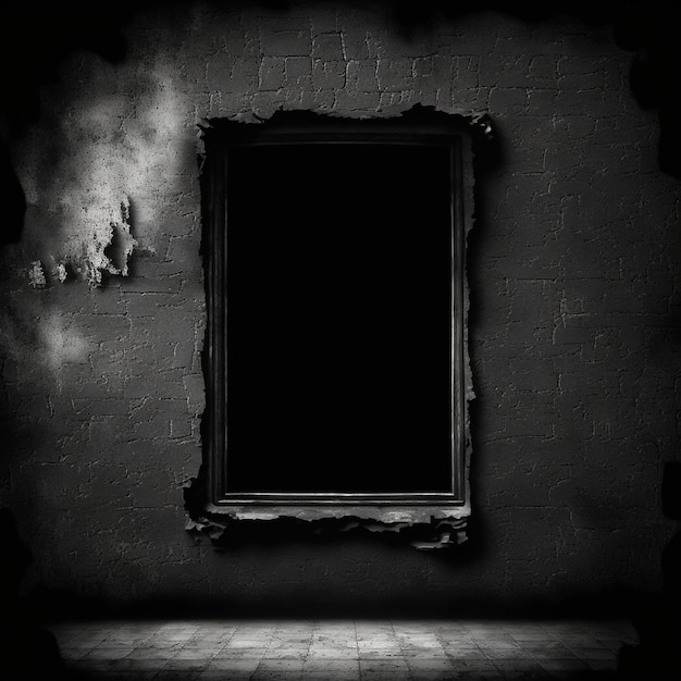 A black and white photo of a framed picture on a wall.