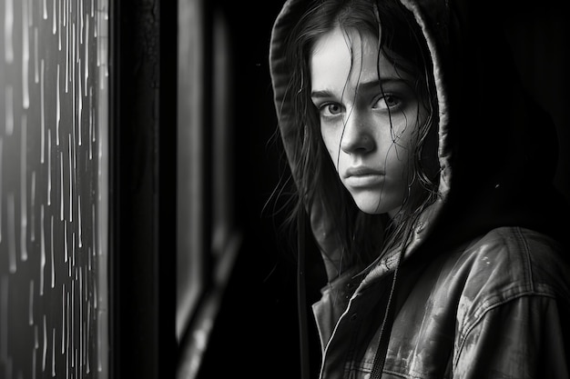 a black and white photo of a girl looking out the window