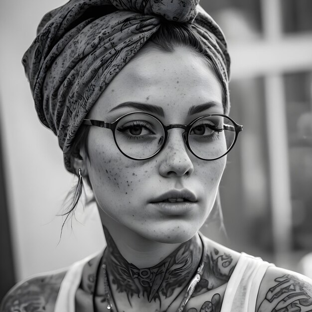 A black and white photo of a girl wearing glasses with tattoos