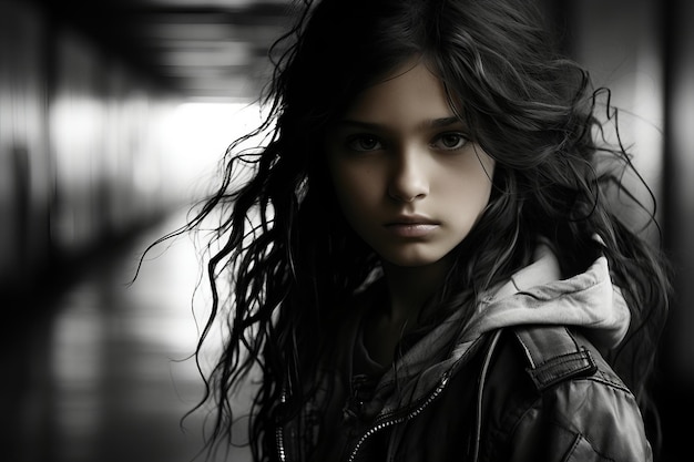 a black and white photo of a girl with long hair