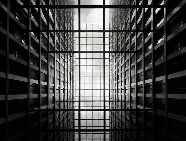 a black and white photo of a glass building and some bars in the style of conceptual minimalist