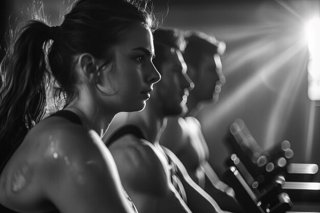 A black and white photo of a group of people on a treadmill