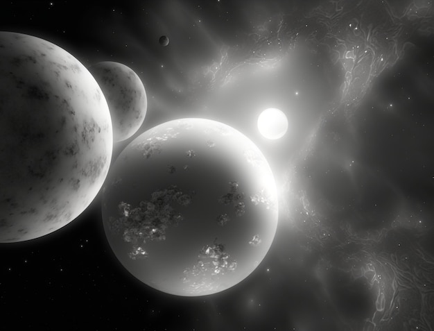 Black and white photo of a group of planets generative ai