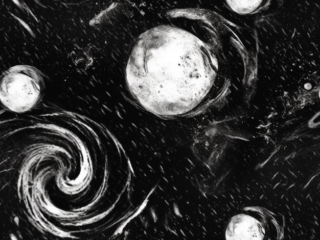 A black and white photo of a group of spheres in a space generative ai