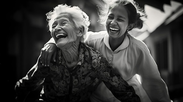 Photo black and white photo of happy people