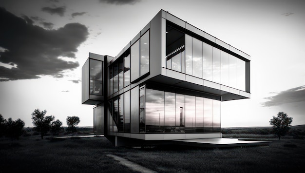 A black and white photo of a house with a sky background