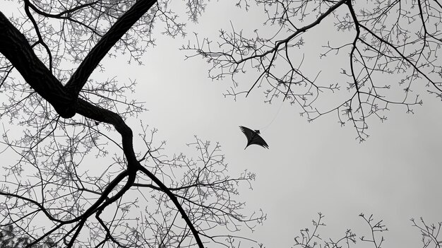 Foto foto in bianco e nero di un aquilone che vola in alto nel cielo sopra le cime degli alberi l'aquilone ha la forma di un uccello e sembra volare liberamente