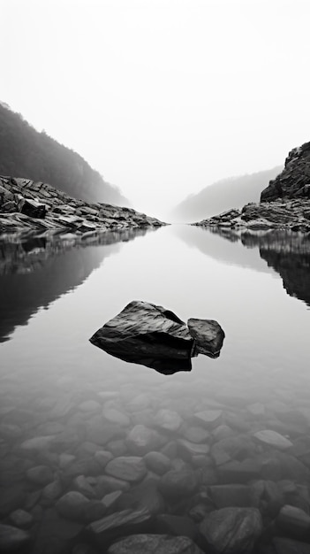 a black and white photo of a lake with rocks