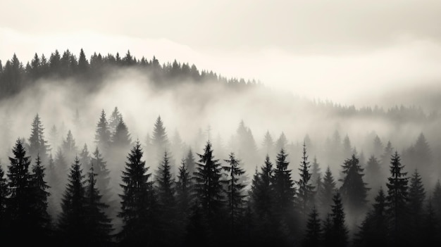 A black and white photo of a lake with trees