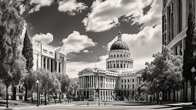 a black and white photo of a large building with the word washington on it.
