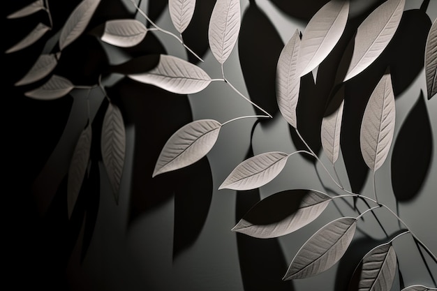 A black and white photo of leaves on a wall generative AI