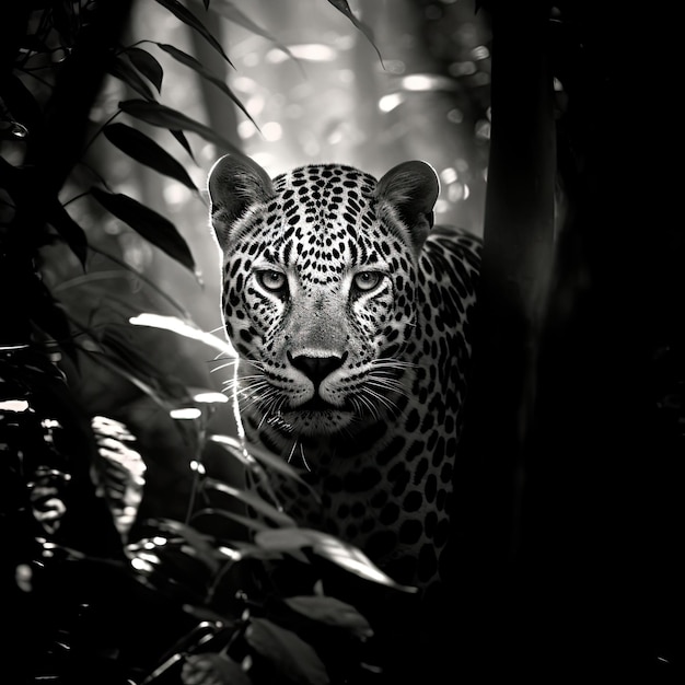 나뭇잎 전경이 있는 정글에 있는 표범의 흑백 사진