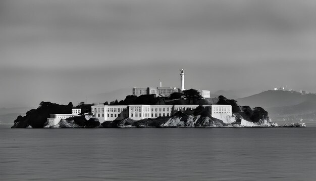 a black and white photo of a lighthouse and a body of water