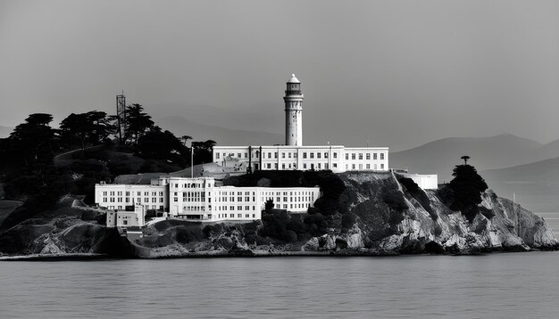 Photo a black and white photo of a lighthouse and a body of water