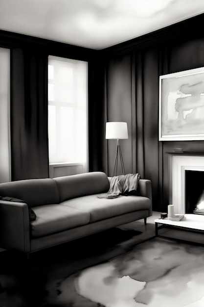 A Black And White Photo Of A Living Room