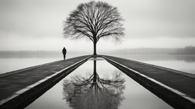 Foto foto in bianco e nero di una persona sola in piedi davanti a un albero