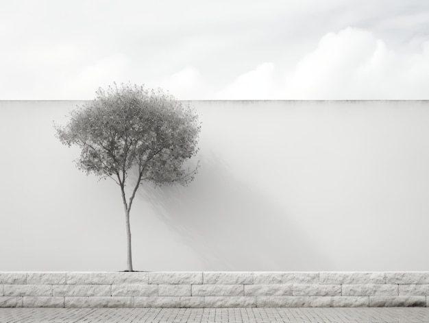 black and white photo of a lone tree in front of a white wall