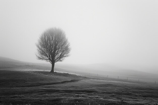 Black and white photo of a lonely tree on a foggy field