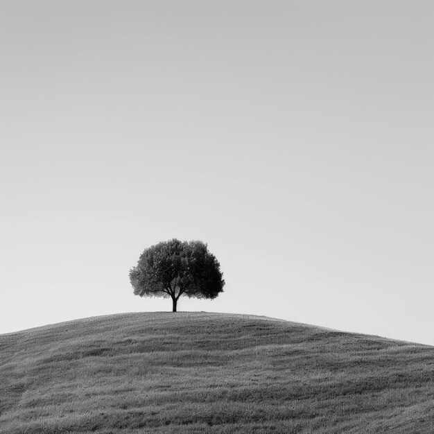 Black and white photo of a lonely tree on a hill