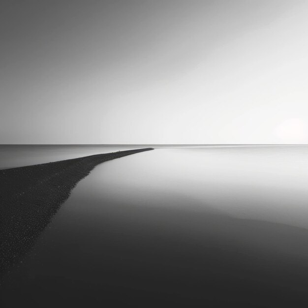 Photo black and white photo of a long pier extending into a calm sea